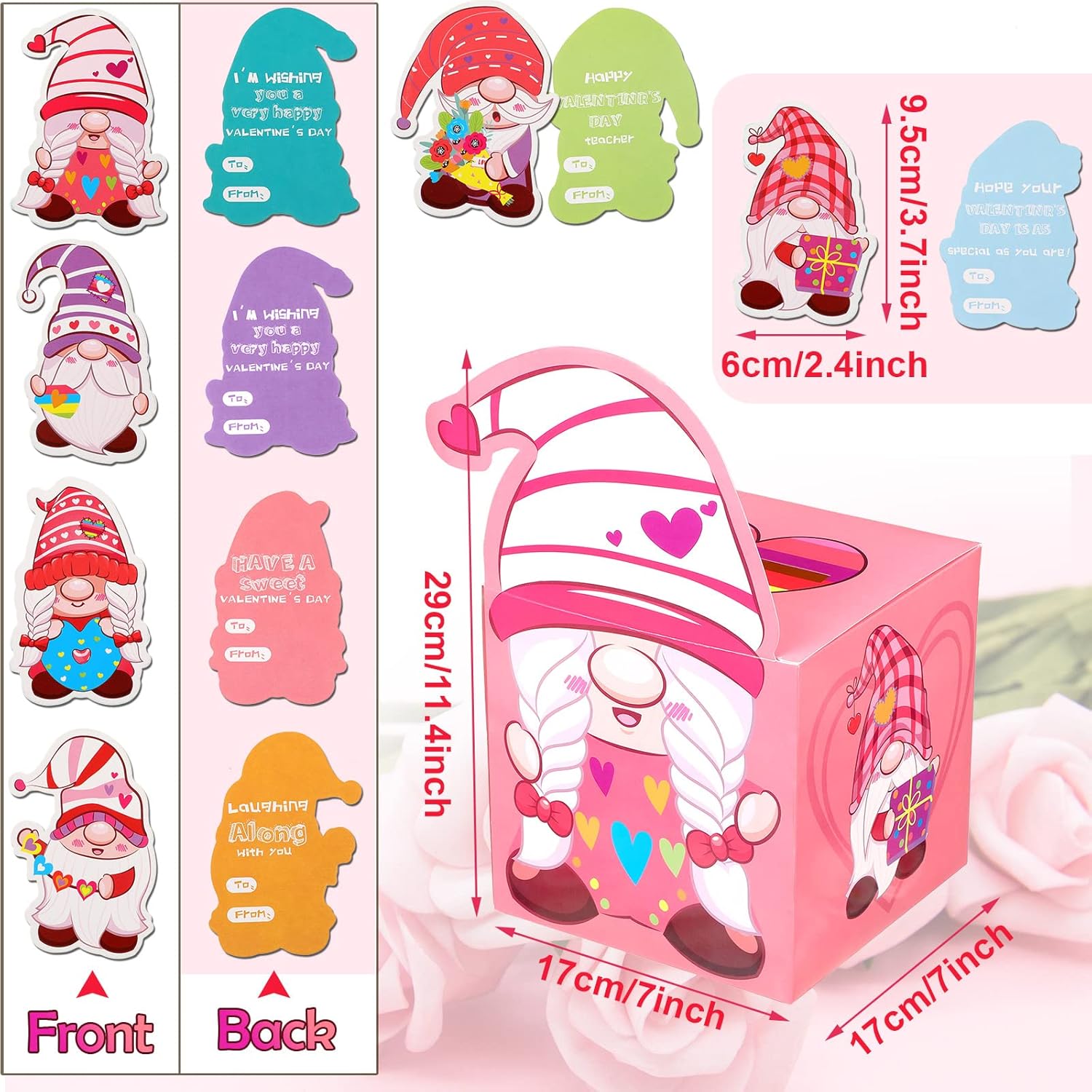 Valentines Day Gnome Cards For Kids Mailboxes For Valentine'S Day Classroom Exchange Gift Party Favors Greeting Birthday Gifts (1 Mailboxes, 40 Valentine Students Cards, 1 Teacher Card)