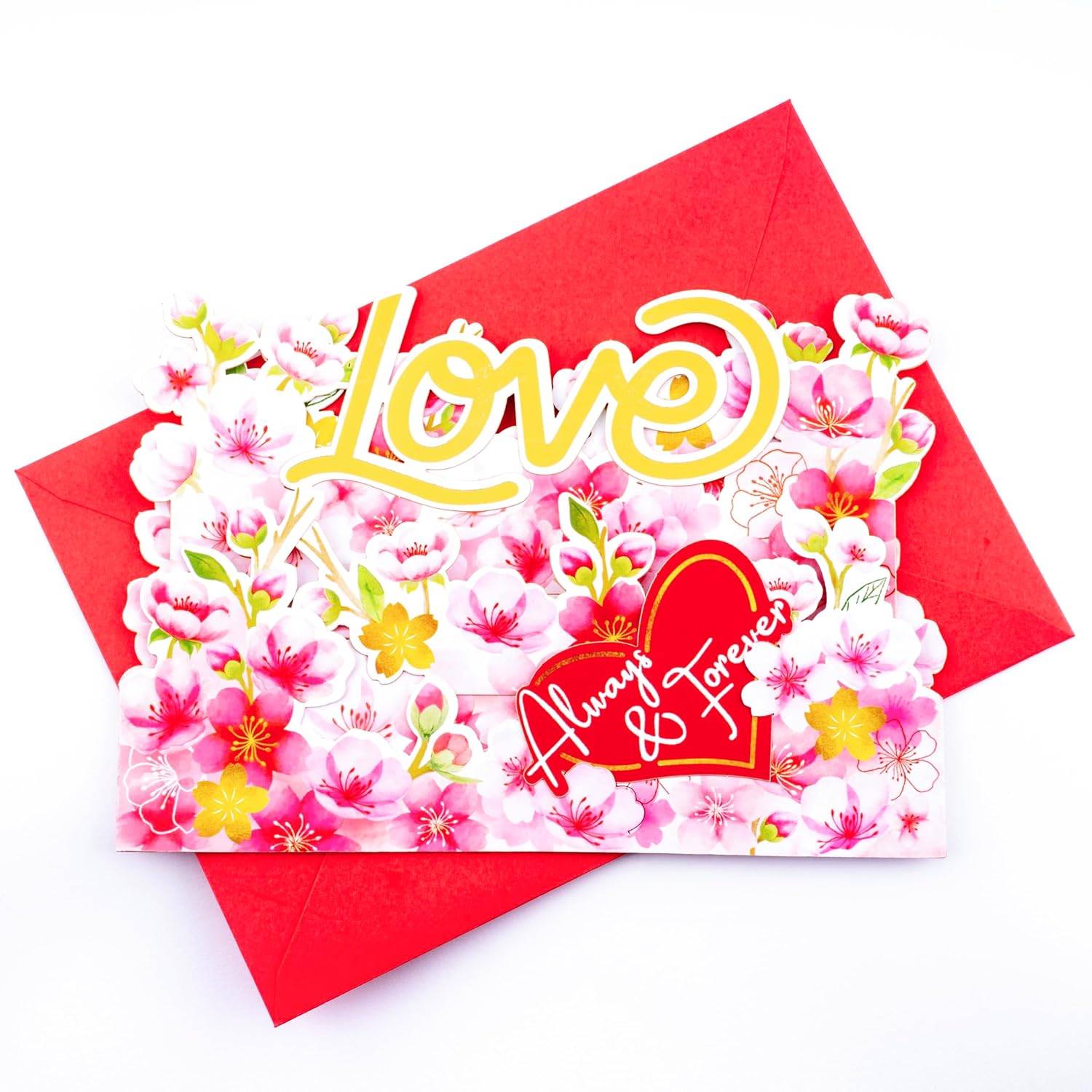 Sweet Cherry Blossom Pop Up Card, 7 Inches Flower 3D Greeting Card With “Always & Forever” Heart, Romantic Anniversary Card For Valentine’S Day, Birthday, Includes Envelope & Message Note