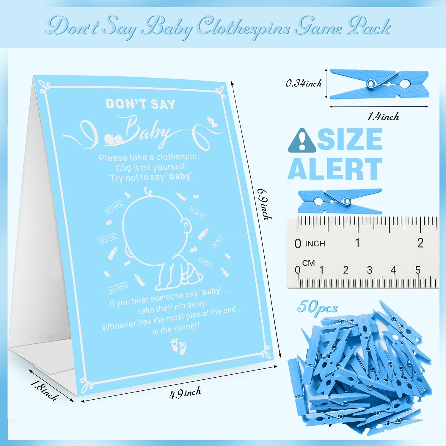 Don'T Say Baby Game, Gender Neutral Baby Shower Games Supplies For Boys Girls, No Prep Needed Party Games For Parents-To-Be, 50 Mini Clothespins & Rule Sign Card, Blue