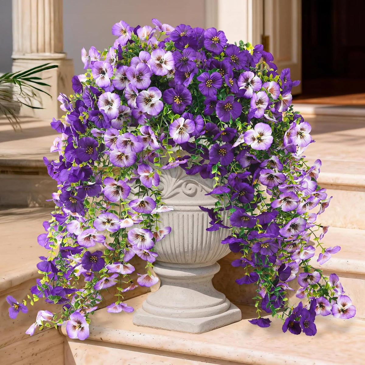 Fake Artificial Flowers For Outdoors, 4 Pcs Faux Hanging Pansy Flowers Spring Summer Decor, Uv Resistant Fake Plants Silk Flower For Planter Front Door Porch Patio Yard Garden(Gradient Double Purple)