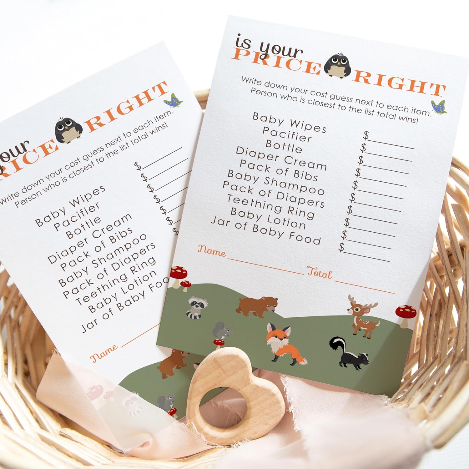 Woodland Guess The Price Baby Shower Games - 25 Cards - Rustic Boho Themed Ideas - Gender Neutral Baby Shower Activities Boys Or Girls - 4X6 Set