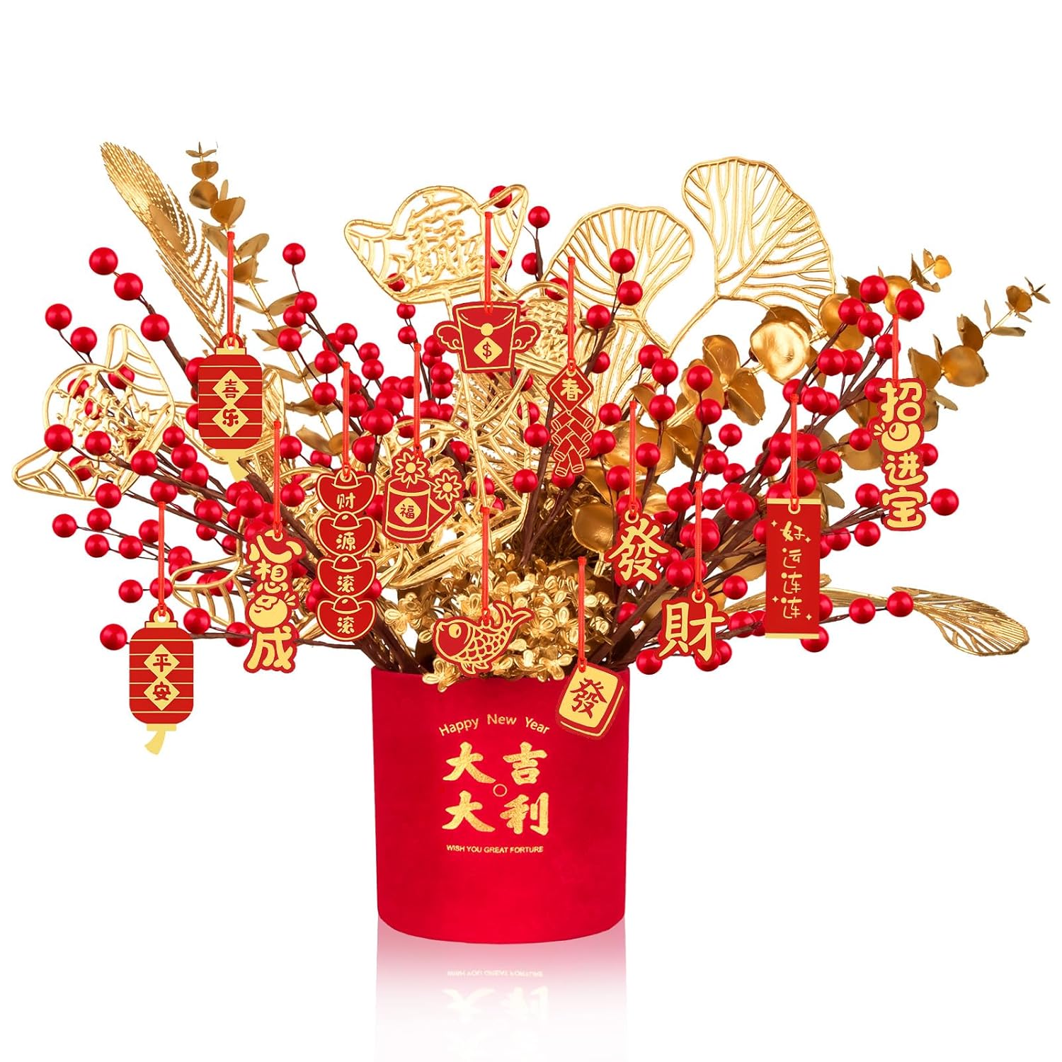 Chinese New Year Artificial Potted Plant Luck Bucket Red Fruit And Gold Leaves Artificial Potted Flower Spring Festival Flower Blessing Bucket For Indoor Home Office Shelf Tabletop Decor