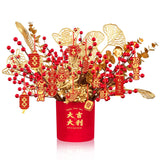 Chinese New Year Artificial Potted Plant Luck Bucket Red Fruit And Gold Leaves Artificial Potted Flower Spring Festival Flower Blessing Bucket For Indoor Home Office Shelf Tabletop Decor