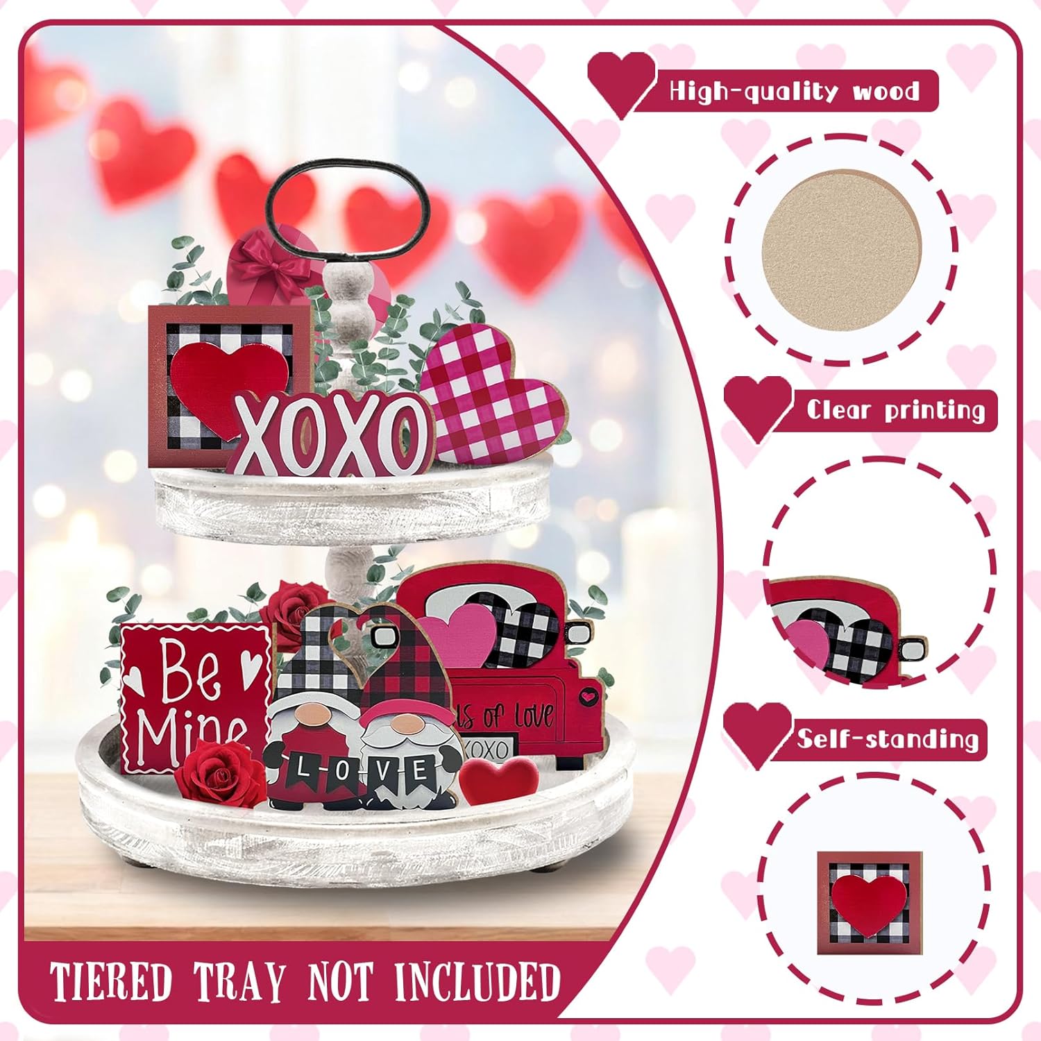 Valentine’S Day Tiered Tray Decor, Farmhouse Tray Decorations Indoor, Buffalo Plaid Gnome Couple Love Heart Truck Wooden Signs, Rustic Valentine Decor For Home Table Wedding Party