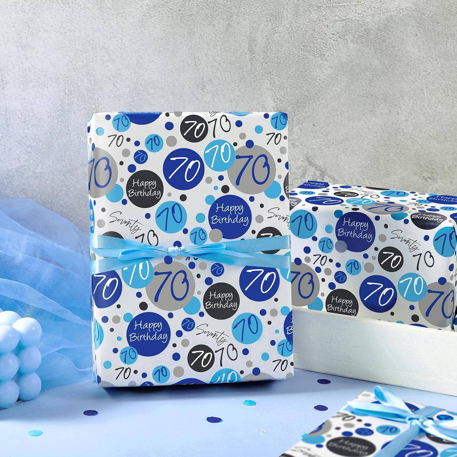70Th Birthday Wrapping Paper Sheet - 6 Sheets Blue 70Th Bday Design Folded Flat For Birthday, Party, Baby Showers - 19.7 Inch X 27.5 Inch Per Sheet