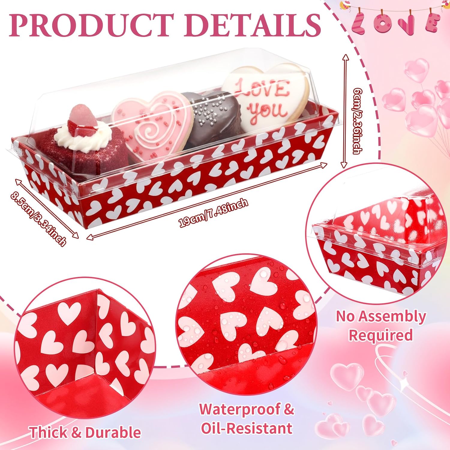 50 Pcs Valentine'S Day Charcuterie Boxes With Clear Lids, Heart Cookie Boxes With Window, Disposable Food Containers Candy Treat Gift Tins For Sandwich, Cookie, Sushi, Cake Slice