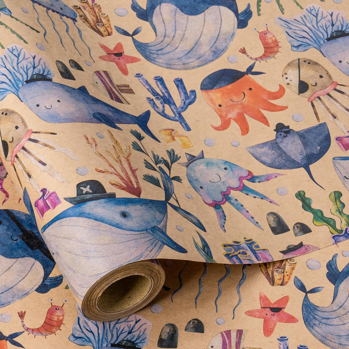 Baby Wrapping Paper Neutral Kraft Paper Roll, Mini Roll, Pirate Themed Ocean Design With Whales And Marine Organism, Ideal For Baby Shower And Birthday Party, 17 Inches X 16.4 Feet