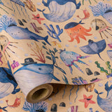 Baby Wrapping Paper Neutral Kraft Paper Roll, Mini Roll, Pirate Themed Ocean Design With Whales And Marine Organism, Ideal For Baby Shower And Birthday Party, 17 Inches X 16.4 Feet