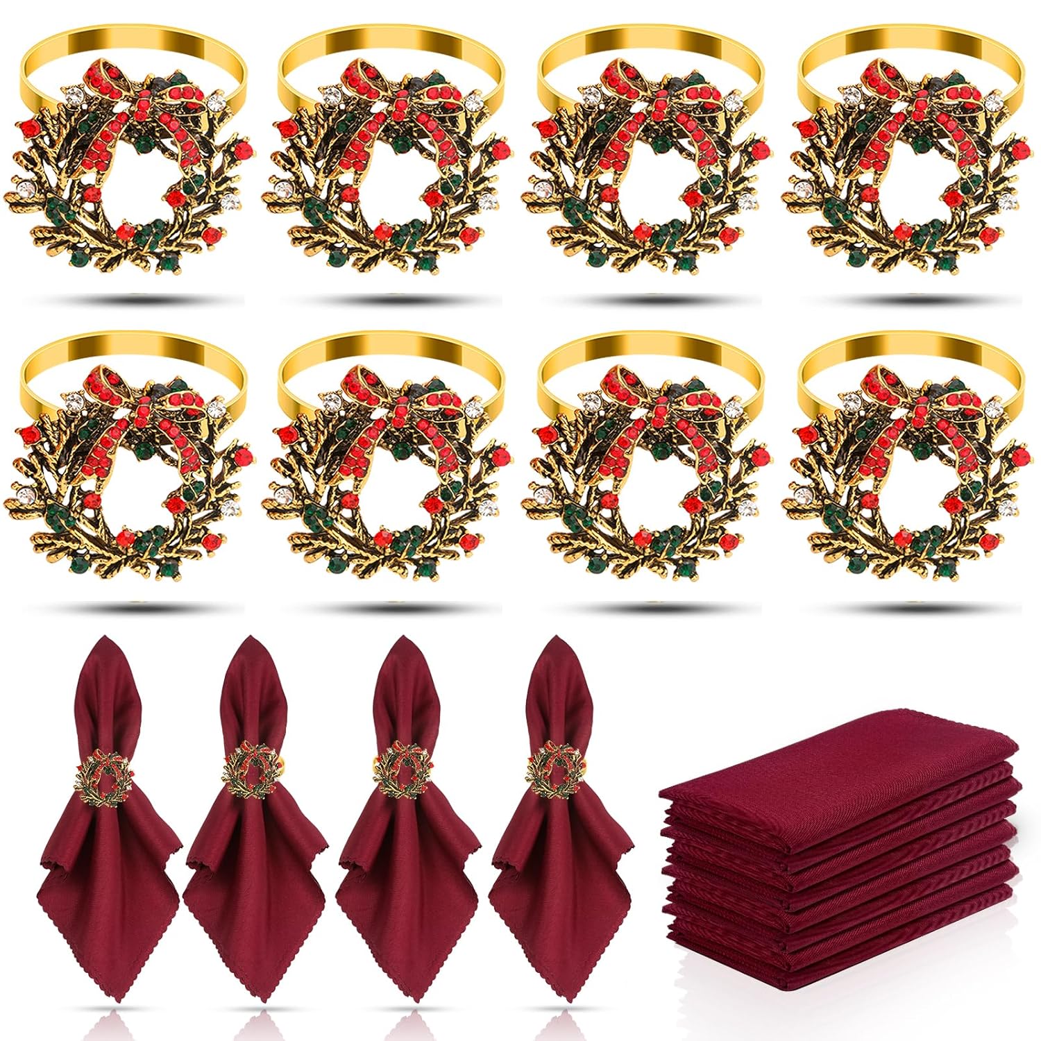 16Pcs Christmas Wreath Napkin Rings Set Of 8 And 8 Christmas Napkins Cloth, Napkins Holdes For Dinning Table Setting Decoration, Xmas Dinner Tables Rings For Winter Party