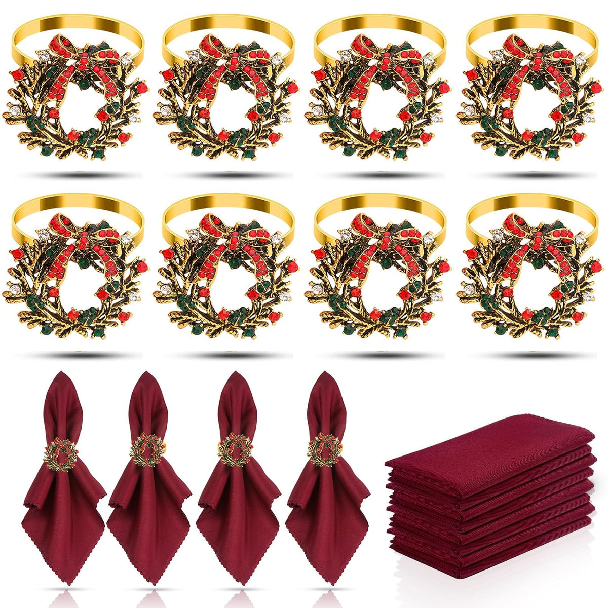 16Pcs Christmas Wreath Napkin Rings Set Of 8 And 8 Christmas Napkins Cloth, Napkins Holdes For Dinning Table Setting Decoration, Xmas Dinner Tables Rings For Winter Party