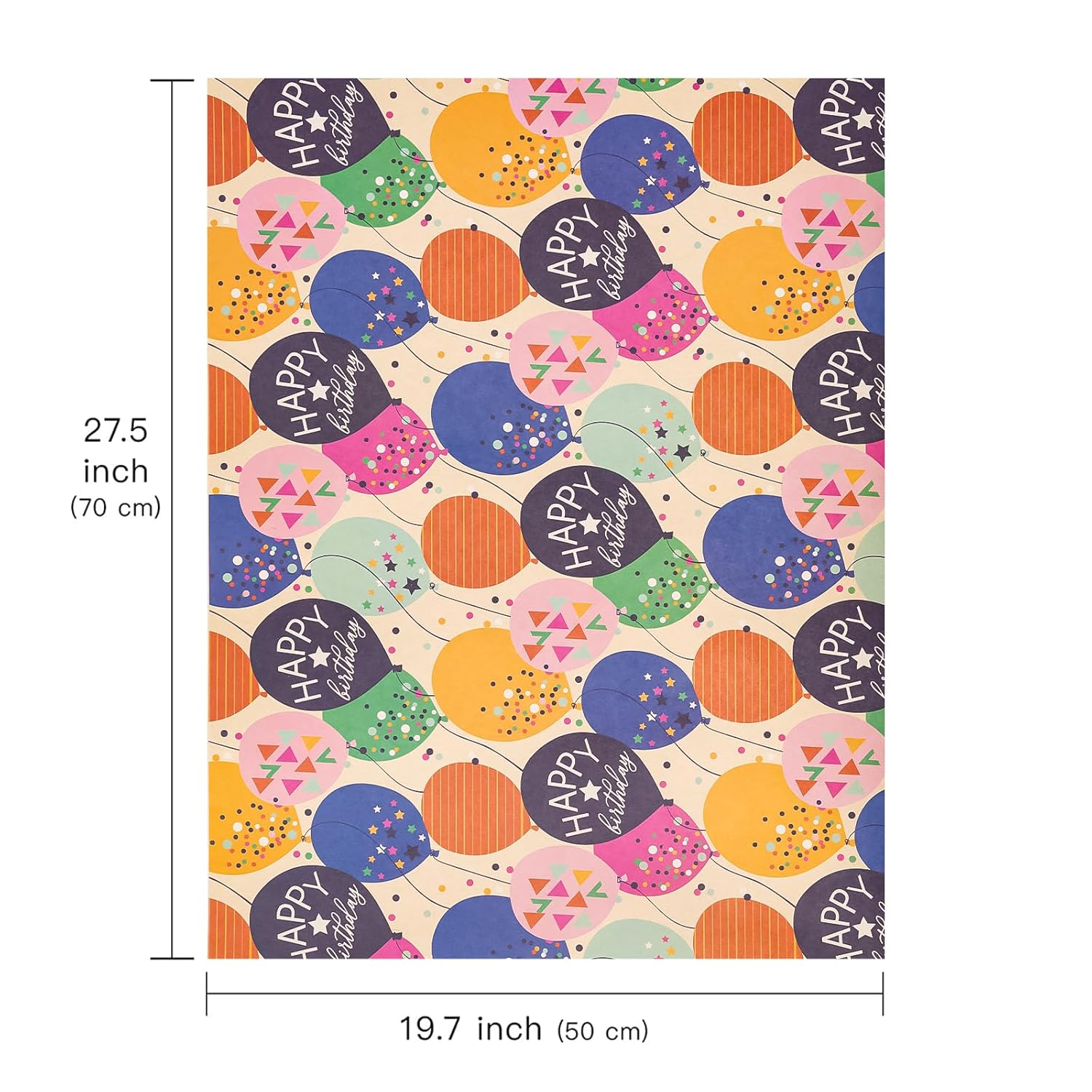 Kraft Birthday Wrapping Paper Sheet - 6 Sheets Folded Colorful Balloon With Confetti Design For Birthday, Baby Shower, Party, Holiday - 19.7 Inch X 27.5 Inch Per Sheet