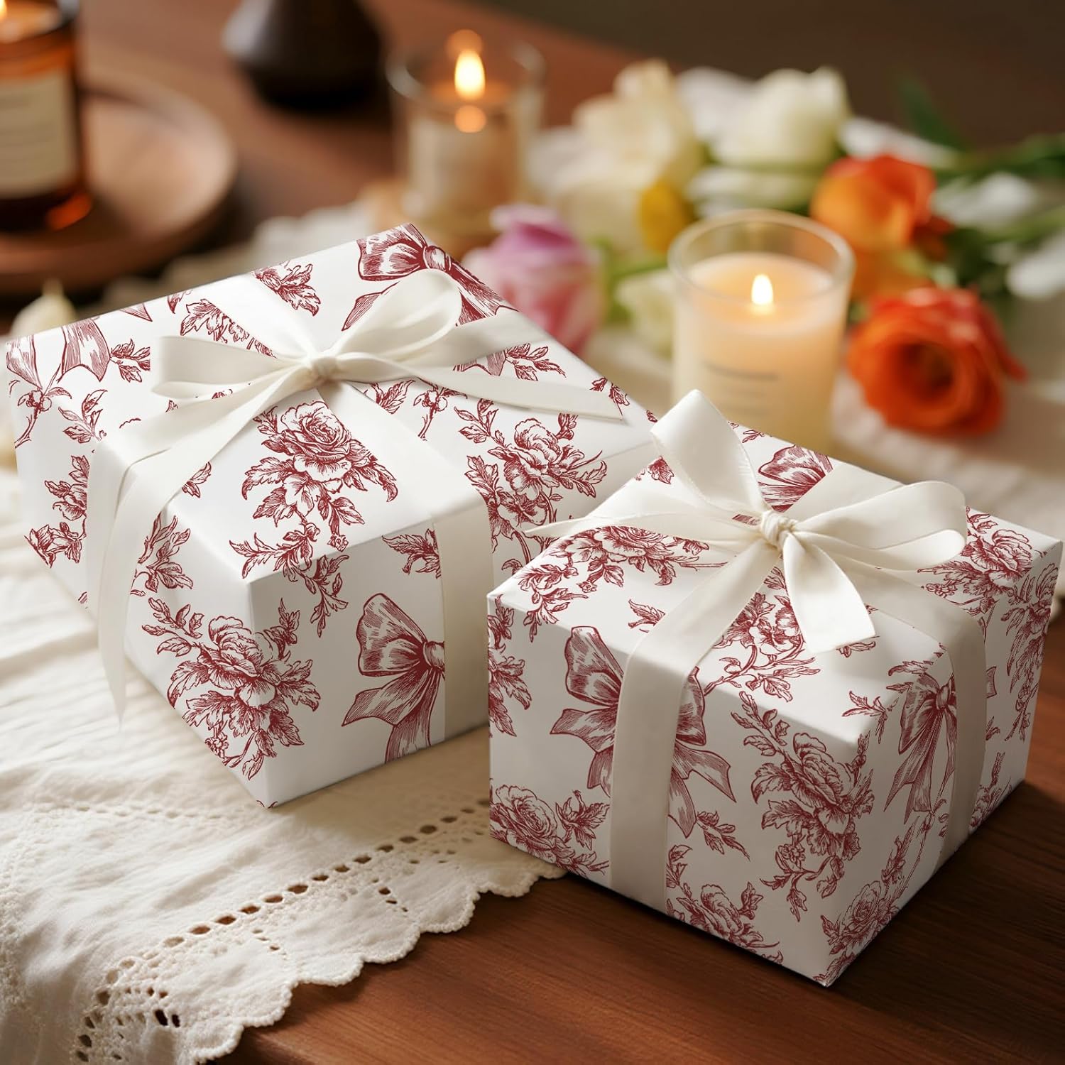 Vintage Floral Bow Wrapping Paper Roll, Mini Roll, Elegant Roses And Bows Design, Classic Red White Gift Wrap For Girls, Wedding, Birthday, Valentine'S Day, Christmas, 17 Inches X 16.4 Feet
