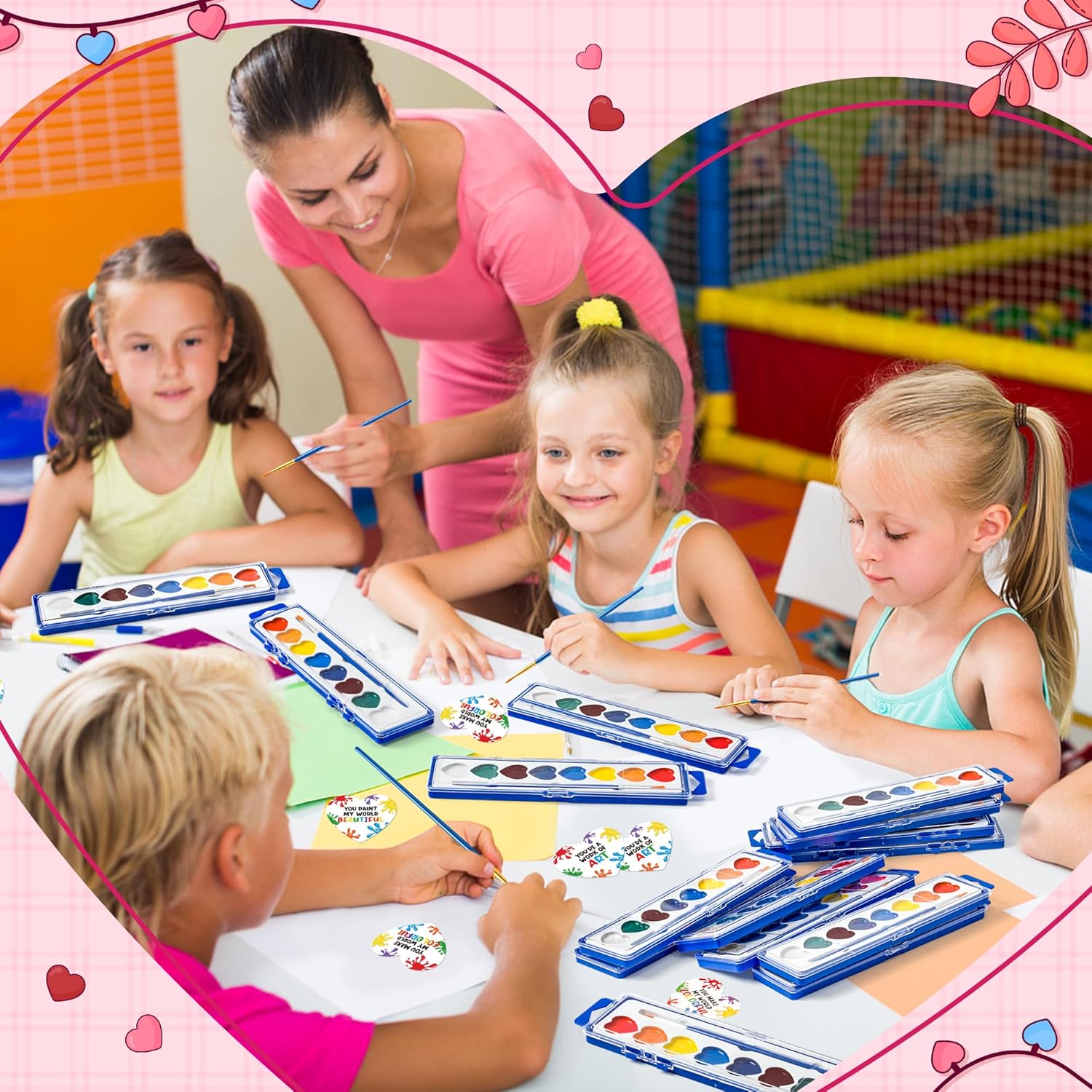 Watercolor Kids Card Set, Valentine’S Day 24 Pack Bulk Washable Paint Set, 8 Color Watercolor Paint With Brush, Back To School Classroom Supplies Party Favors