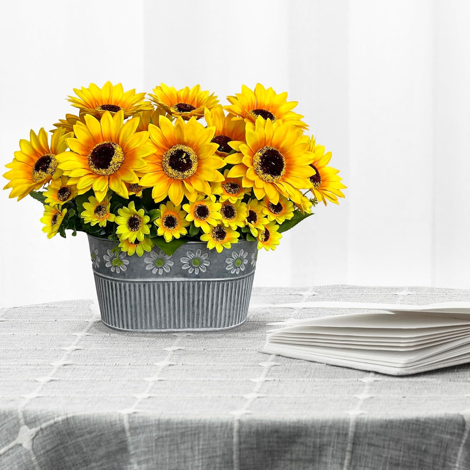 Artificial Sunflower Arrangement In Metal Basket – Realistic Faux Sunflower Plant With Eucalyptus Leaves And Mini Flowers, Artificial Flowers Table Centerpiece Décor, 11" Tall