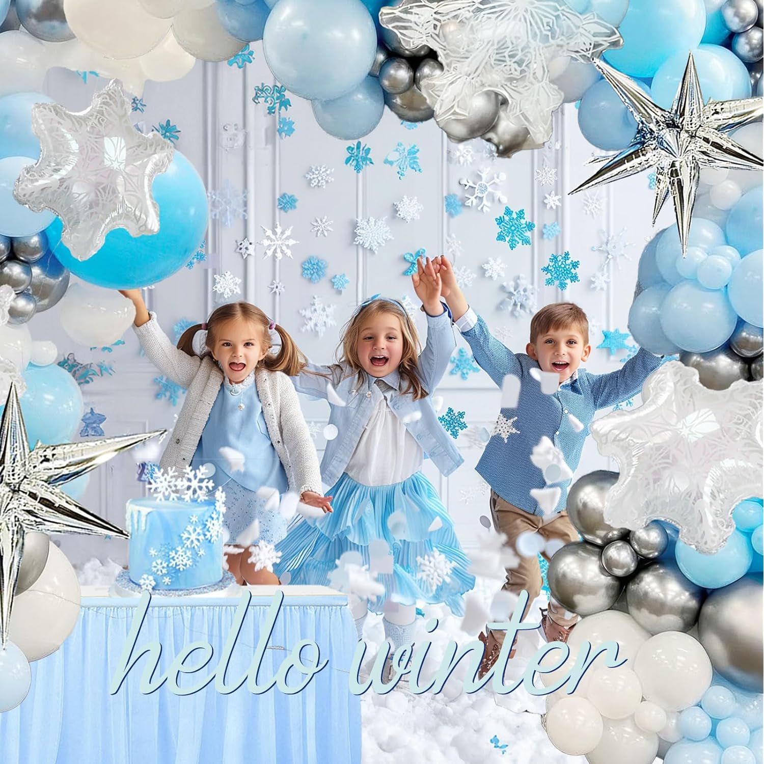 Winter Snowflake Balloon Garland Arch Kit 126Pcs Blue White Silver With Foil Star Snowflakes Mylar Balloons For Winter Wonderland 1St Birthday Baby Shower Christmas New Year Party Decorations