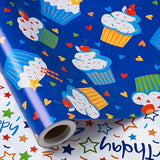 Reversible Birthday Wrapping Paper Roll, Mini Roll, Blue Cupcake Design And Colorful Happy Text With Stars, Colorful Adorable Gift Wrap For Boys Girls Birthday Party, 17 Inches X 16.4 Feet