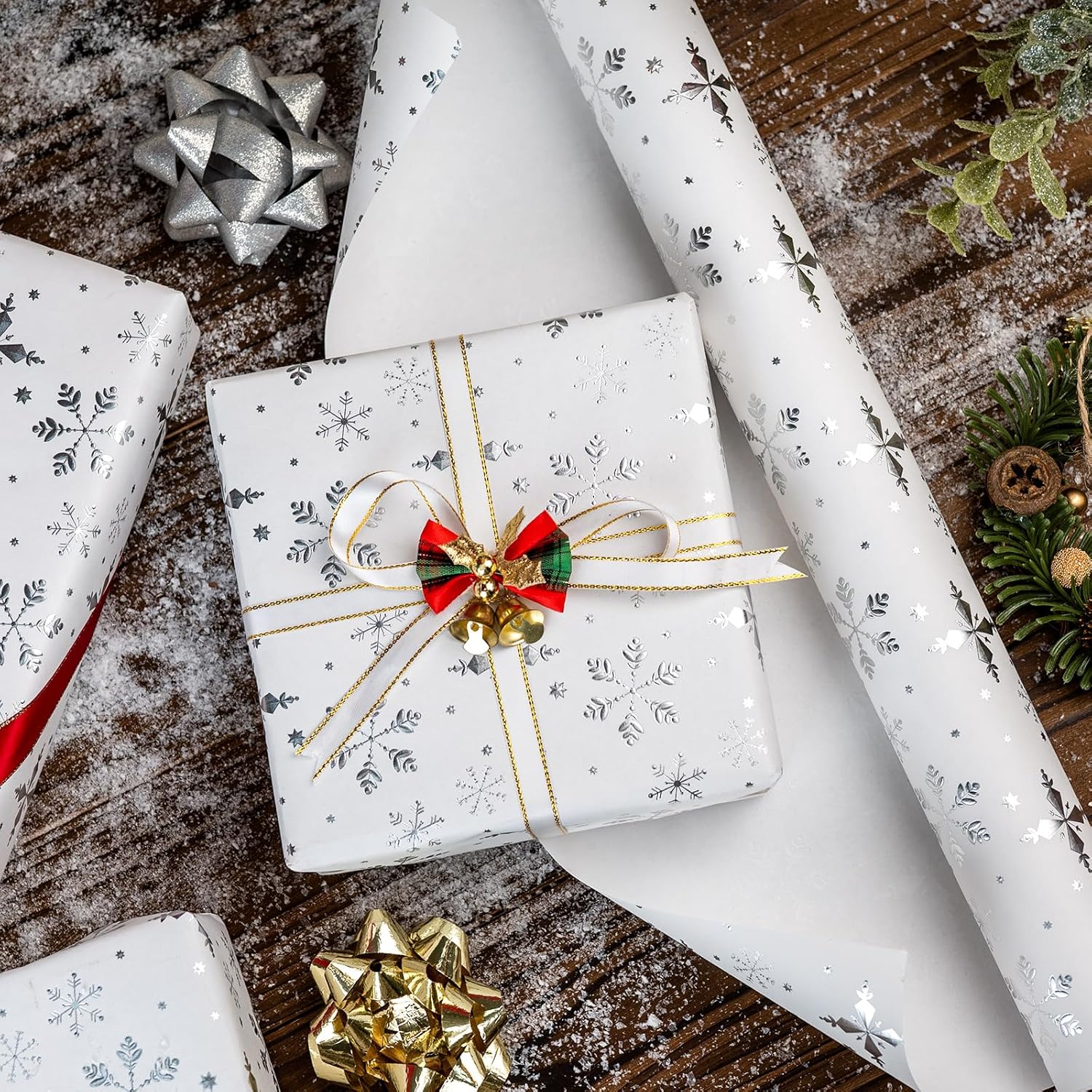 Christmas Wrapping Paper Roll - 3D Embossed Silver Foil Metallic Shine Snowfalkes Gift Wrap For Christmas, Winter Holiday, New Year Celebration - Mini Roll - 17 Inch X 33 Feet