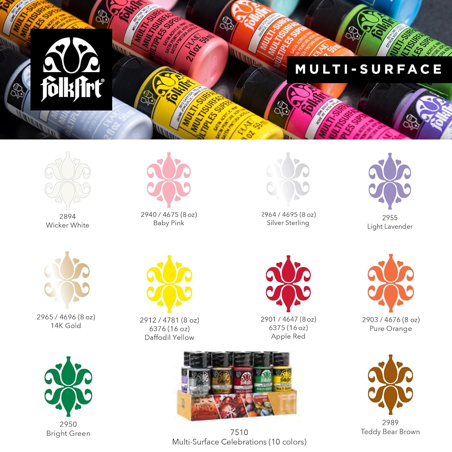 FolkArt Color, 10 Bottle Multi-Surface Acrylic Paint Set, 2oz, Celebrations, 20 Fl Oz (Pack of 1)