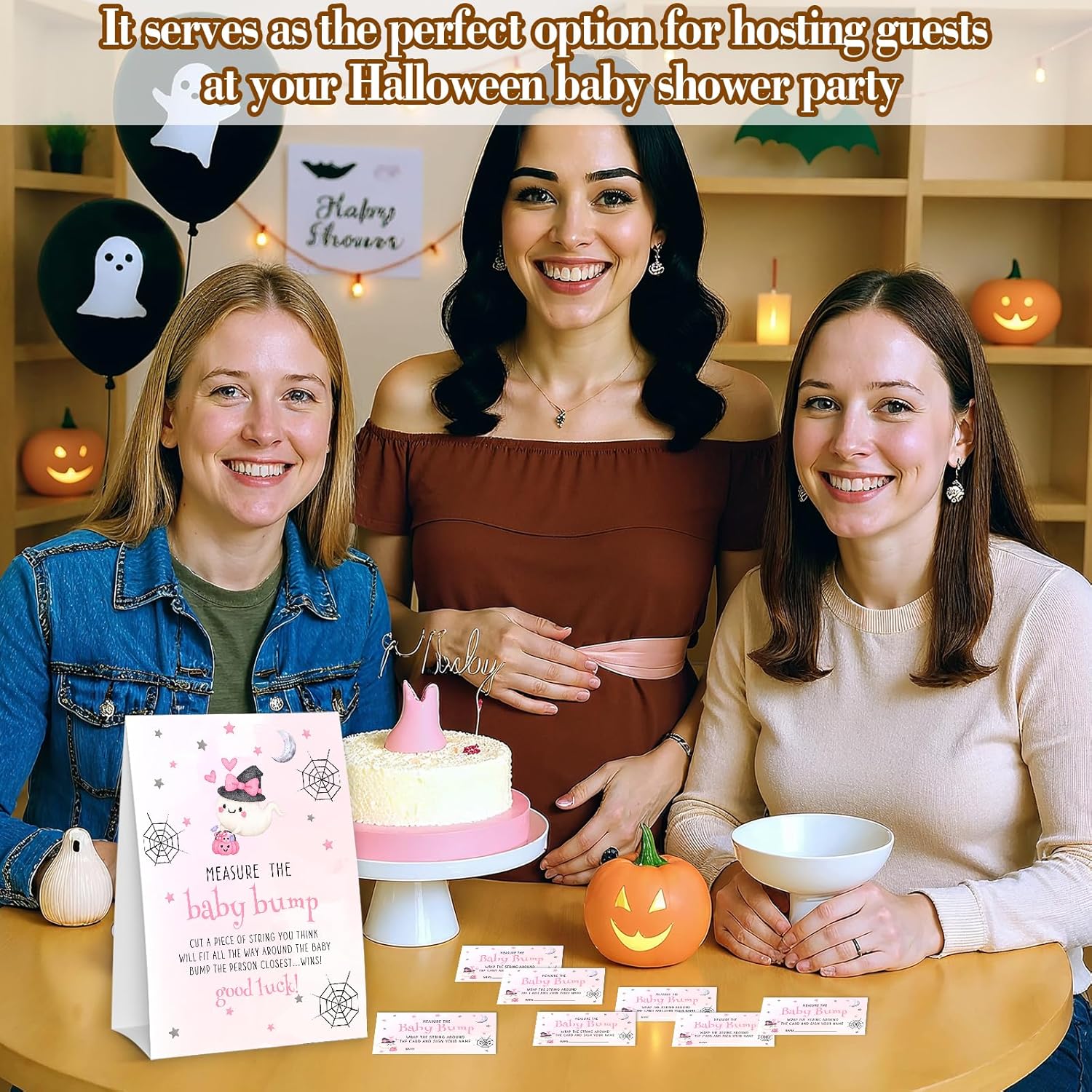 Halloween Baby Shower Games, Pumpkin Measure The Baby Bump Sign + 50 Tickets, Pink Ghost Gender Reveal Party Game Cards For Announcement Supplies - A03