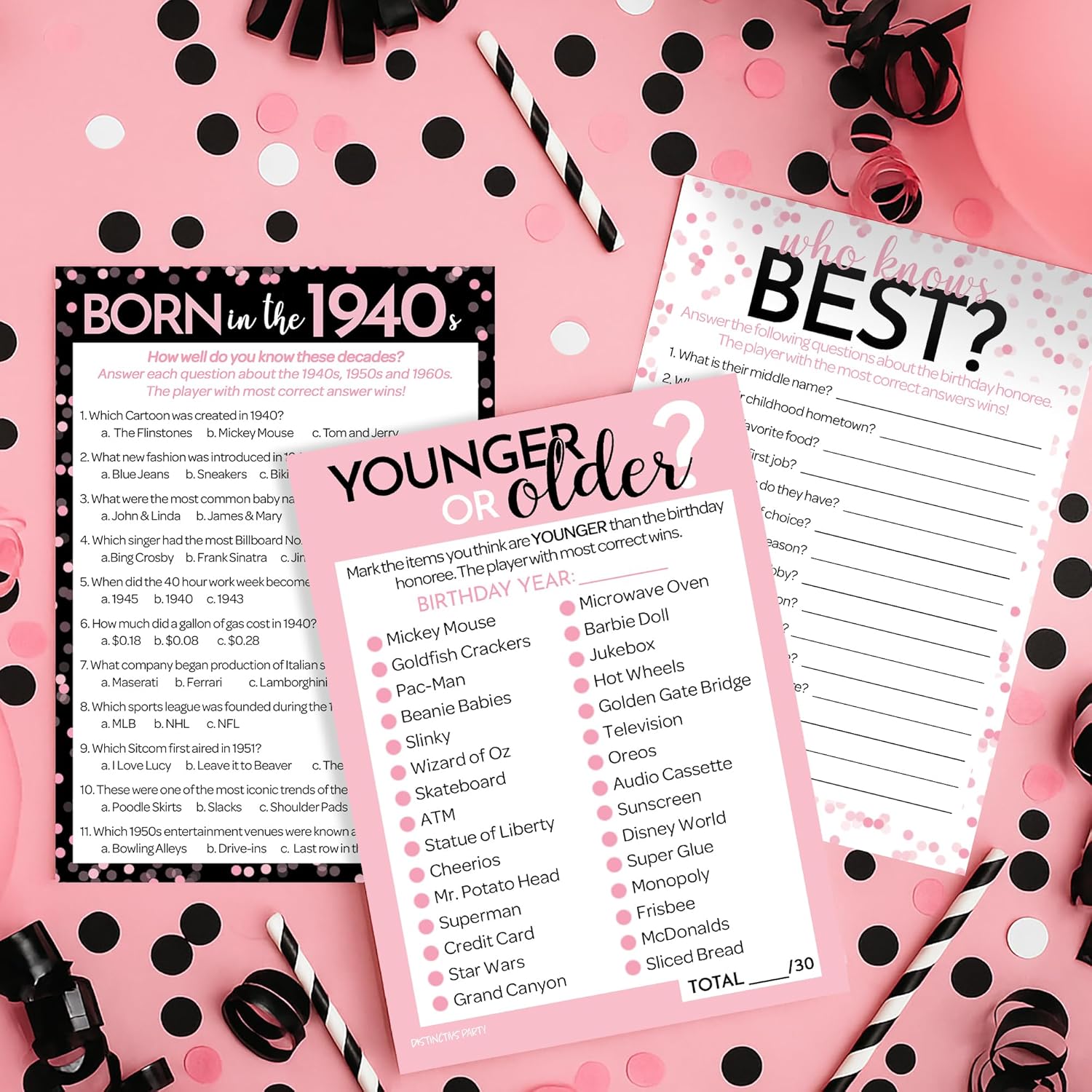Pink And Black 80Th Birthday Party Games Bundle - Set Of 3 Birthday Games For Adults - 20 Guests, Born In The 1940S Theme