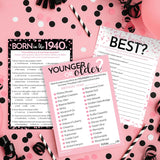 Pink And Black 80Th Birthday Party Games Bundle - Set Of 3 Birthday Games For Adults - 20 Guests, Born In The 1940S Theme
