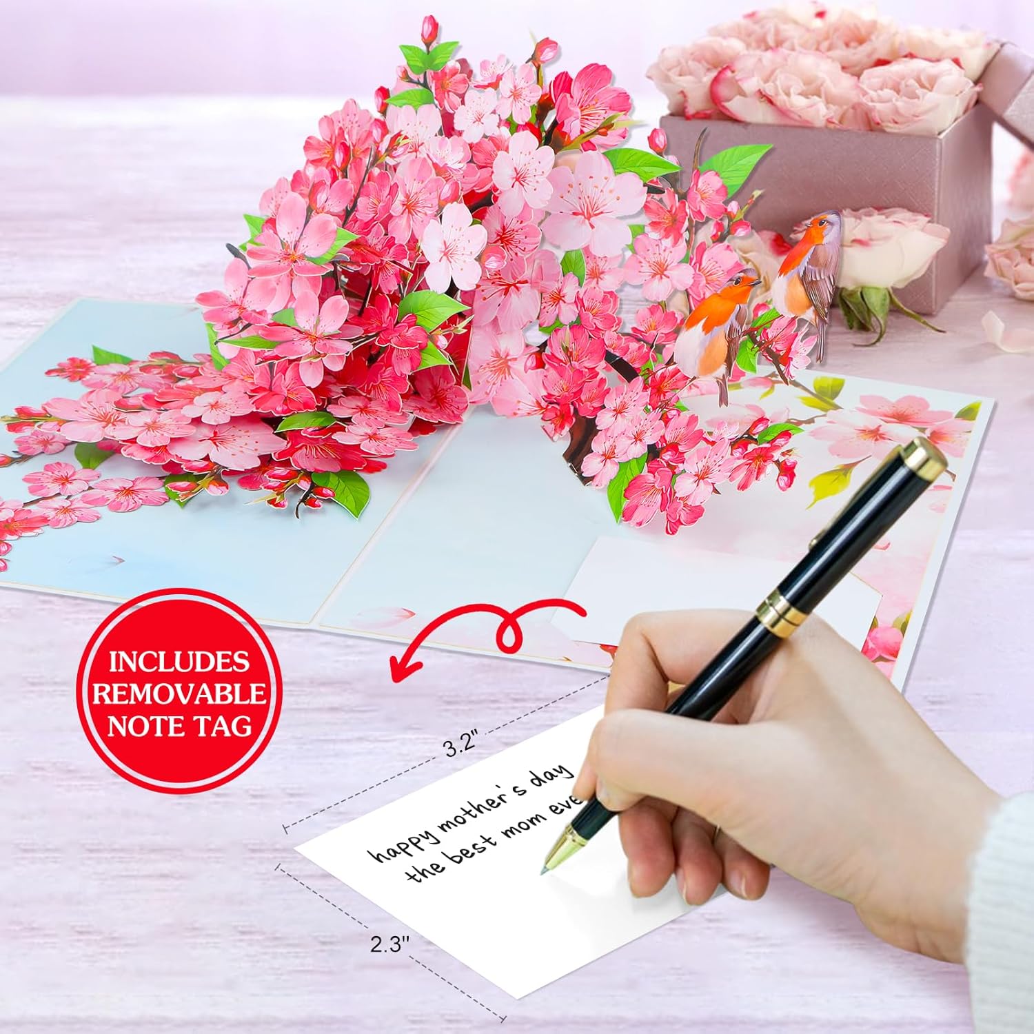 Pop Up Anniversary Card - 3D Cherry Blossom Robins Couple Pop Up Greeting Card With Envelope, Blank Insert, Romantic Valentine Wedding Birthday Gift For Her Him Couple Husband Wife