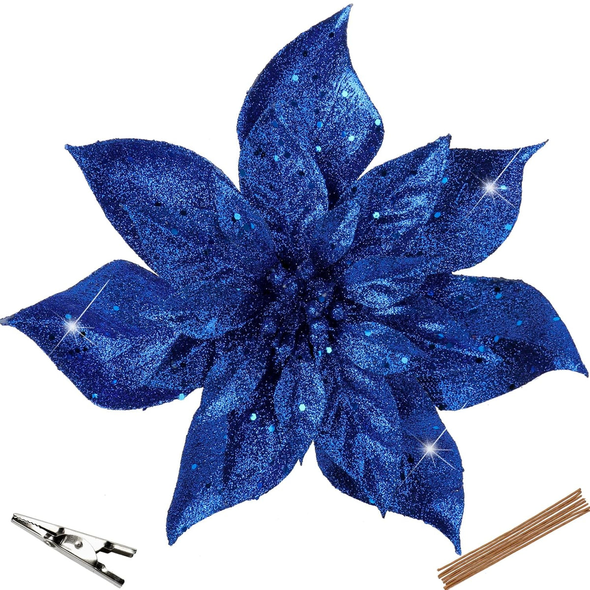 9'' Christmas Poinsettia Flowers 8Pcs Blue Glitter Artificial Flowers Large Christmas Ornament Flowers For Xmas Tree Wreath Garland Decoration