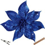 9'' Christmas Poinsettia Flowers 8Pcs Blue Glitter Artificial Flowers Large Christmas Ornament Flowers For Xmas Tree Wreath Garland Decoration