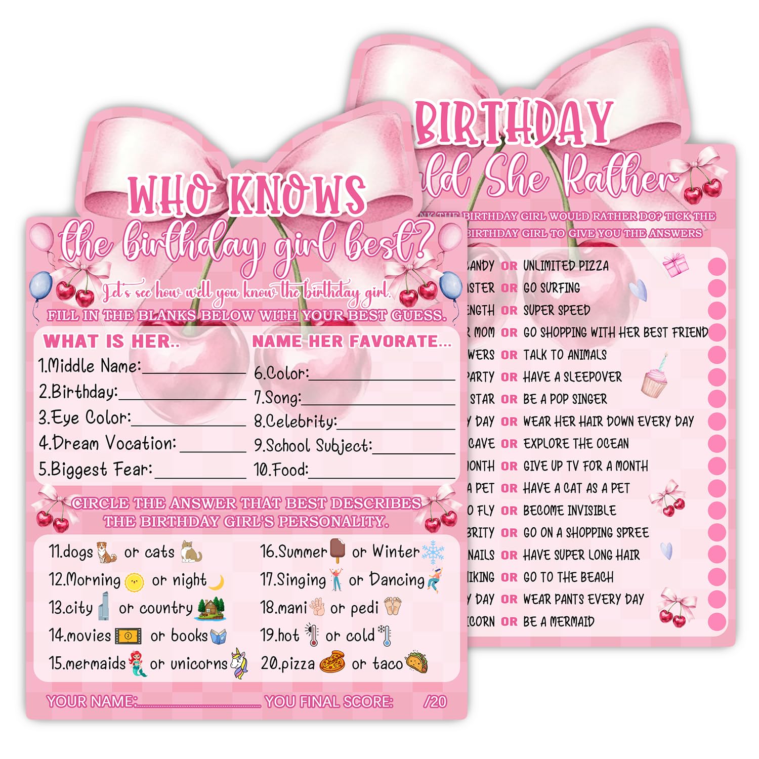 Pink Bow Cherry Themed Girl'S Sleepover Party Supplies - Girl'S Birthday Night Game Ideas - Who Knows The Birthday Girl Best 20 Pieces