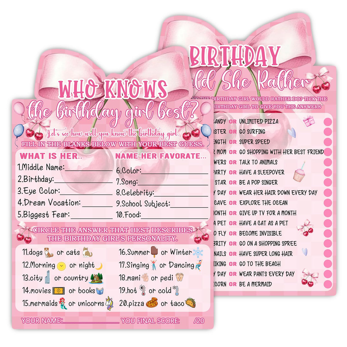 Pink Bow Cherry Themed Girl'S Sleepover Party Supplies - Girl'S Birthday Night Game Ideas - Who Knows The Birthday Girl Best 20 Pieces