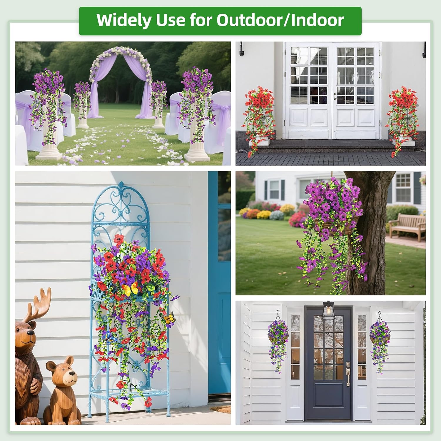 2 Packs Outdoor Artificial Hanging Flowers With 3D Magnetic Butterflies, Uv Resistant Faux Silk Blooms For Spring Summer Porch Patio Balcony Decor, Violet & Purple