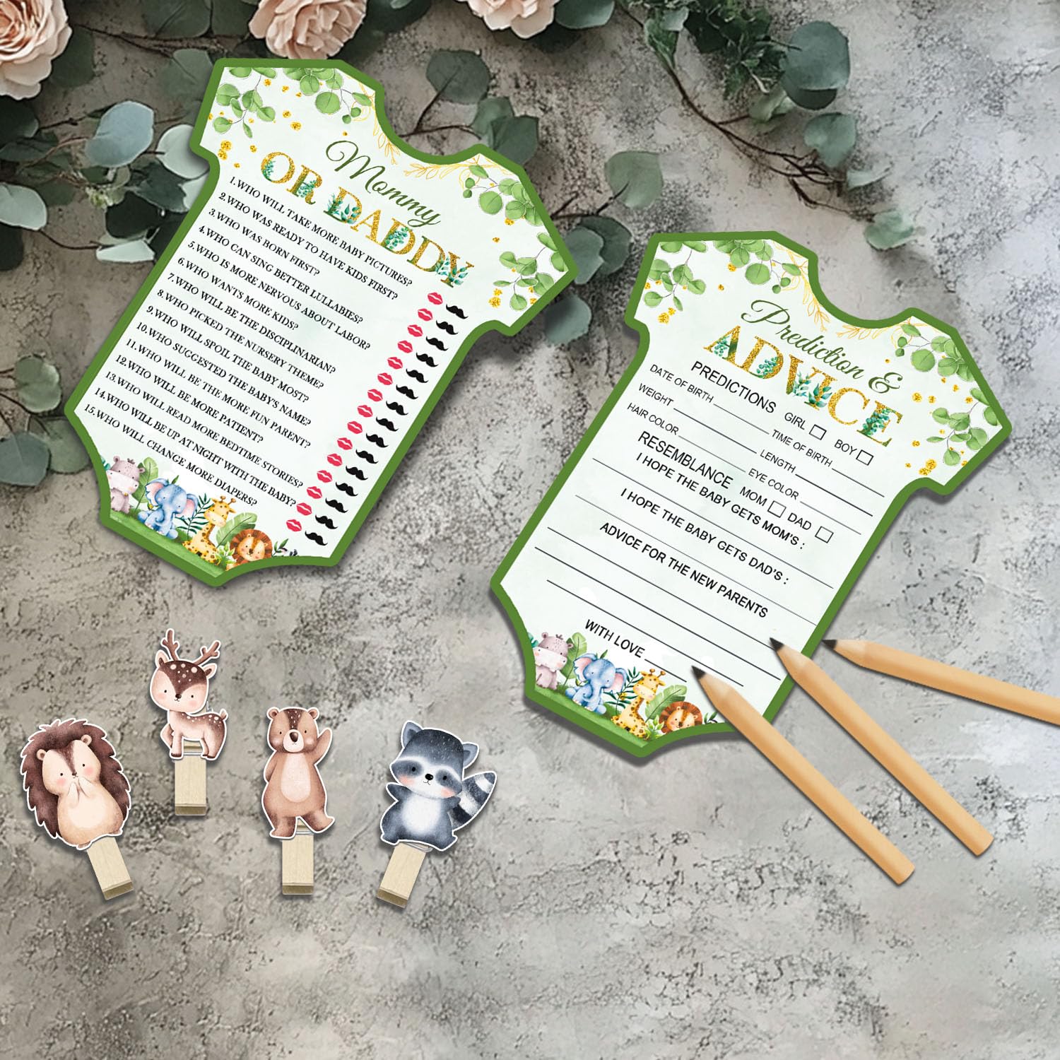 61Pcs Baby Shower Game Set, Gender Reveal Supplies For 20 Guests, Included 20 Pencils 1 Don'T Say Baby Sign 20 Clothespin, Woodland Animals Baby Shower Party Decorations