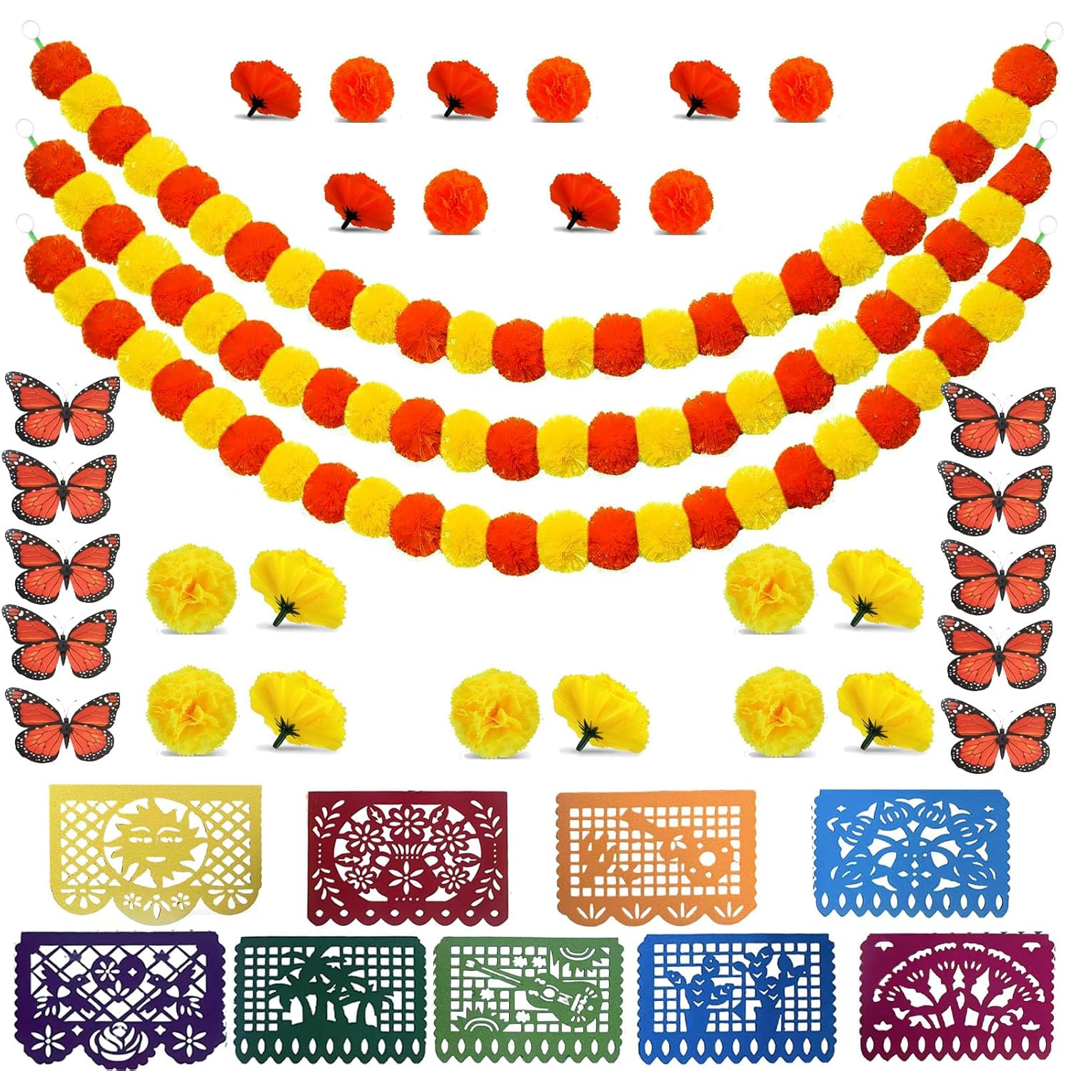 Yellow And Red Marigold Flowers And Artificial Garland For Mexican Party Dia De Los Muertos Diwali Thanksgiving Decorations