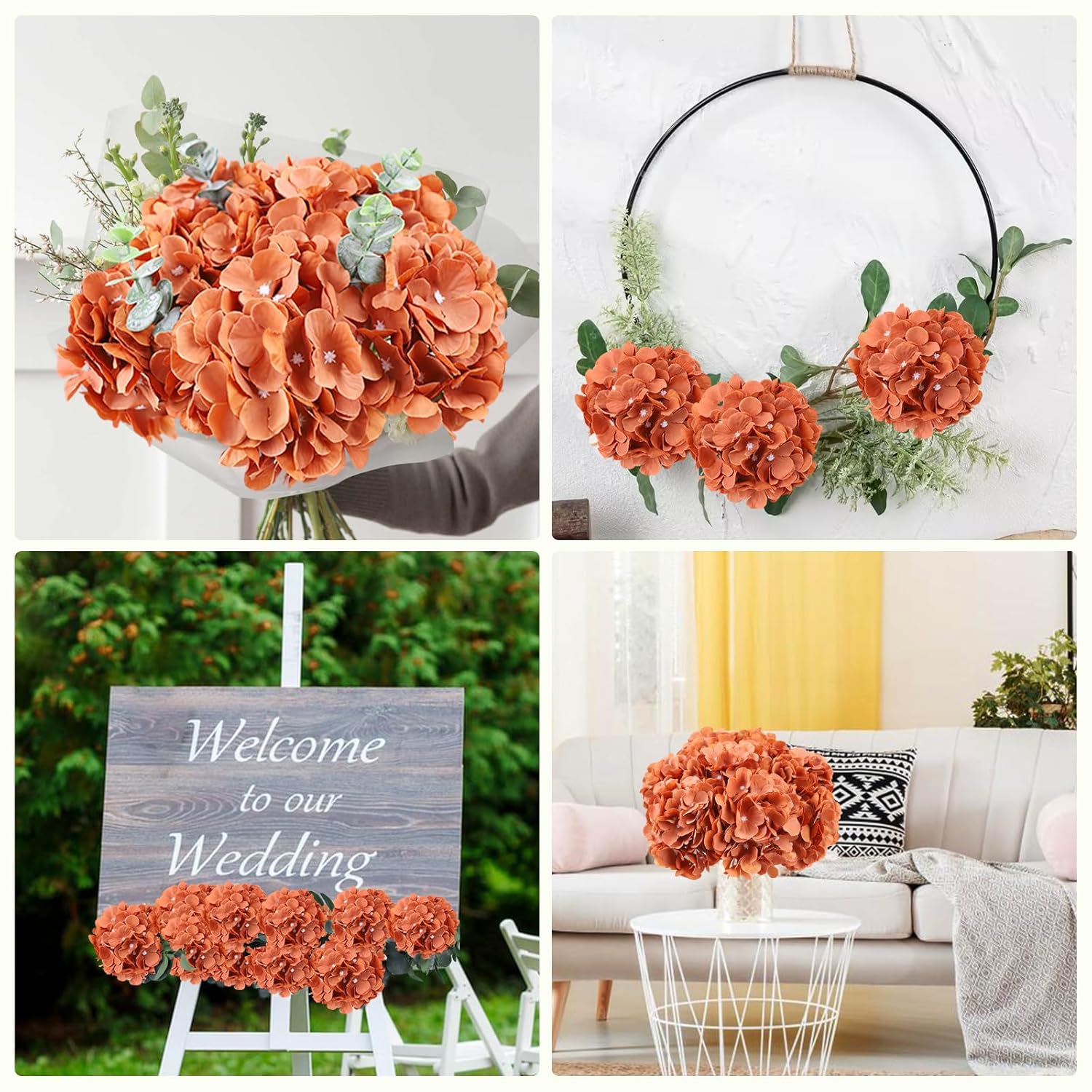 Burnt Orange Artificial Flowers Fake Hydrangeas Flowers Heads 10Pcs Full Hydrangea Silk Flowers With Stems For Fall Wedding Home Party Shop Baby Shower Decoration