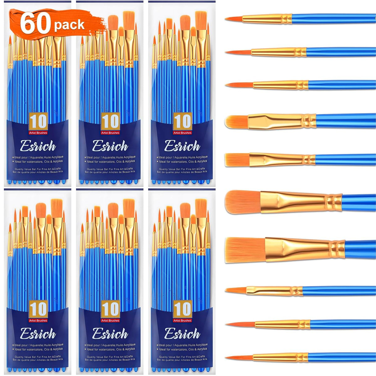 Paint Brush Set,6 Packs 60 Pcs Nylon Hair Paint Brushes For Acrylic Painting,Artist Paintbrushes For Acrylic,Oil,Watercolor Painting,Face Nail Art,Paint Brushes For Kids,Blue