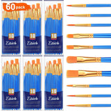 Paint Brush Set,6 Packs 60 Pcs Nylon Hair Paint Brushes For Acrylic Painting,Artist Paintbrushes For Acrylic,Oil,Watercolor Painting,Face Nail Art,Paint Brushes For Kids,Blue