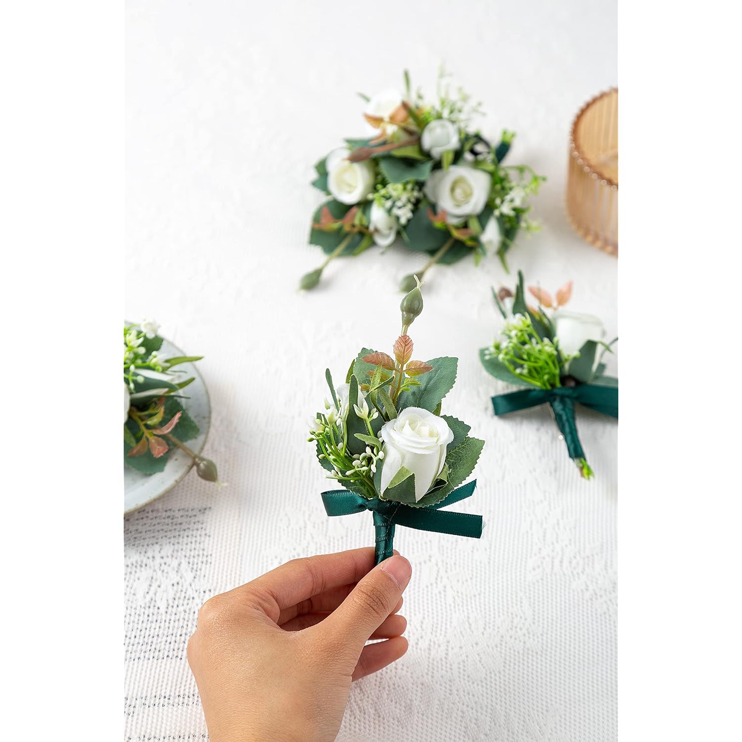6Pieces /Lot Artificial Foam Pe Flowers Wedding Groom Brother Father Boutonnieres Men Buttonholes Corsage Wedding Flower Party Decoration (Ivory With Green Ribbon 6)