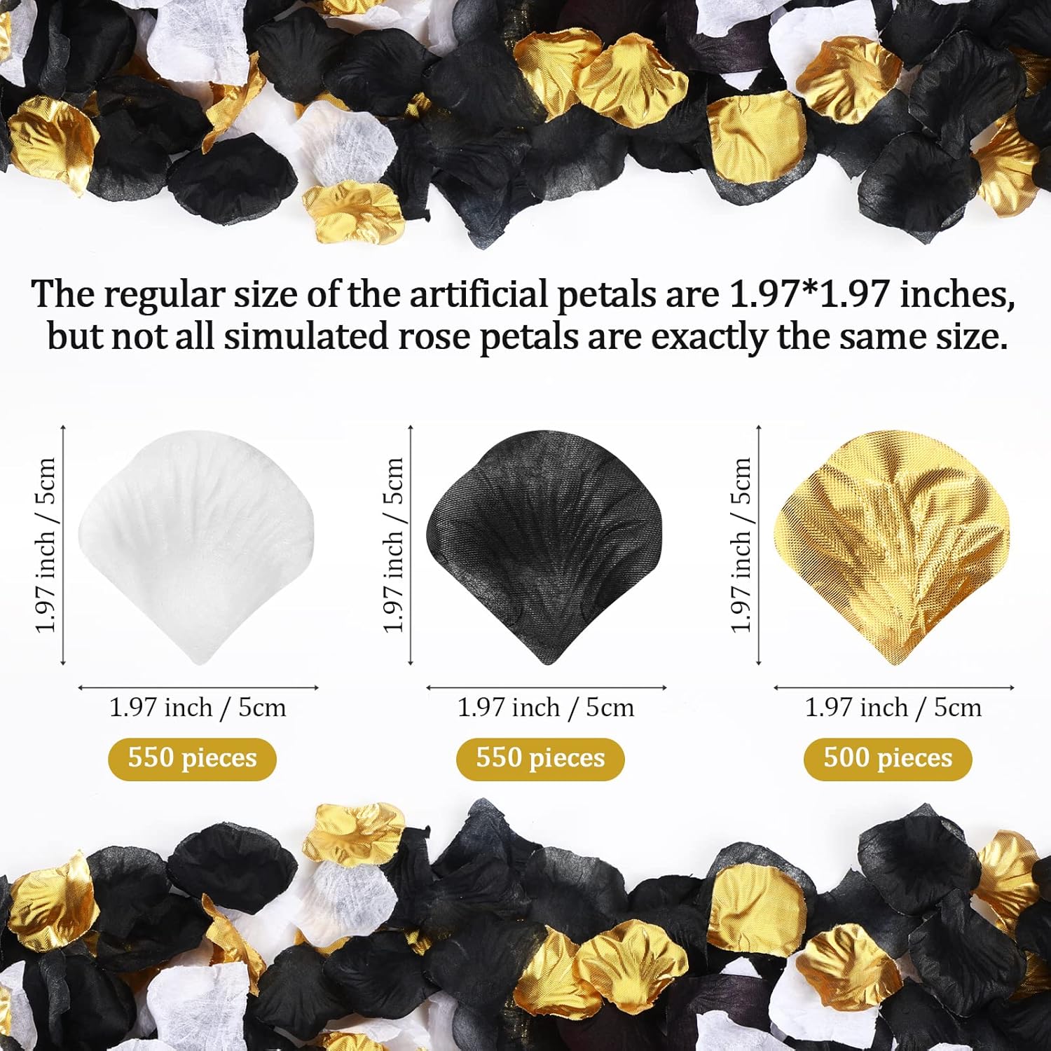 1600 Pcs Gold White Black Artificial Rose Petals Bulk, Valentine'S Day Flower Petals For Wedding Aisle Decoration, Flower Girl, Romantic Table Scatter Party Supplies
