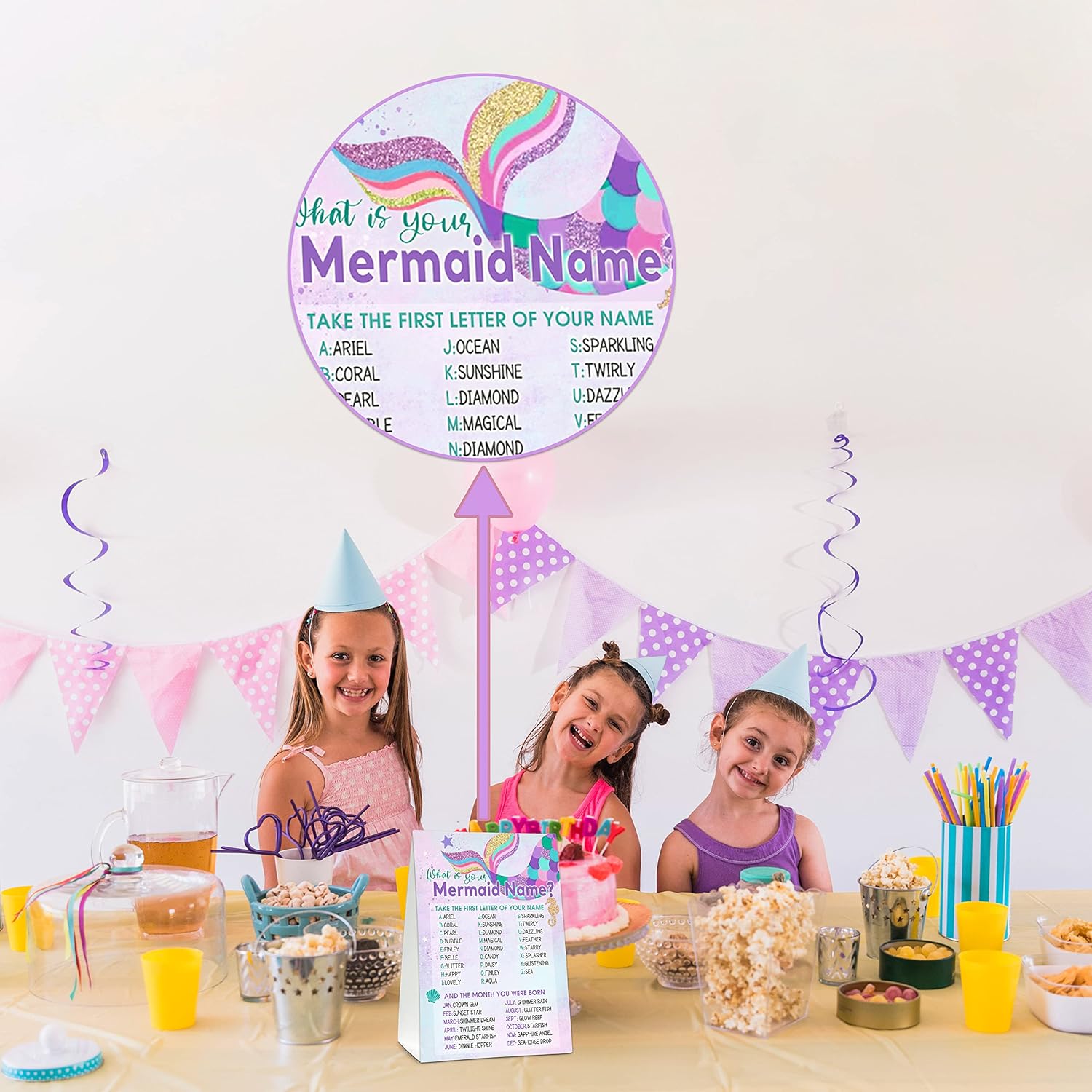What'S Your Mermaid Name Game - Whimsical Mermaid Birthday Party Games For Girls - Family School Classroom Activity - 1 Standing Sign And 30 Stickers - Under The Sea Party Supplies Decorations(01)
