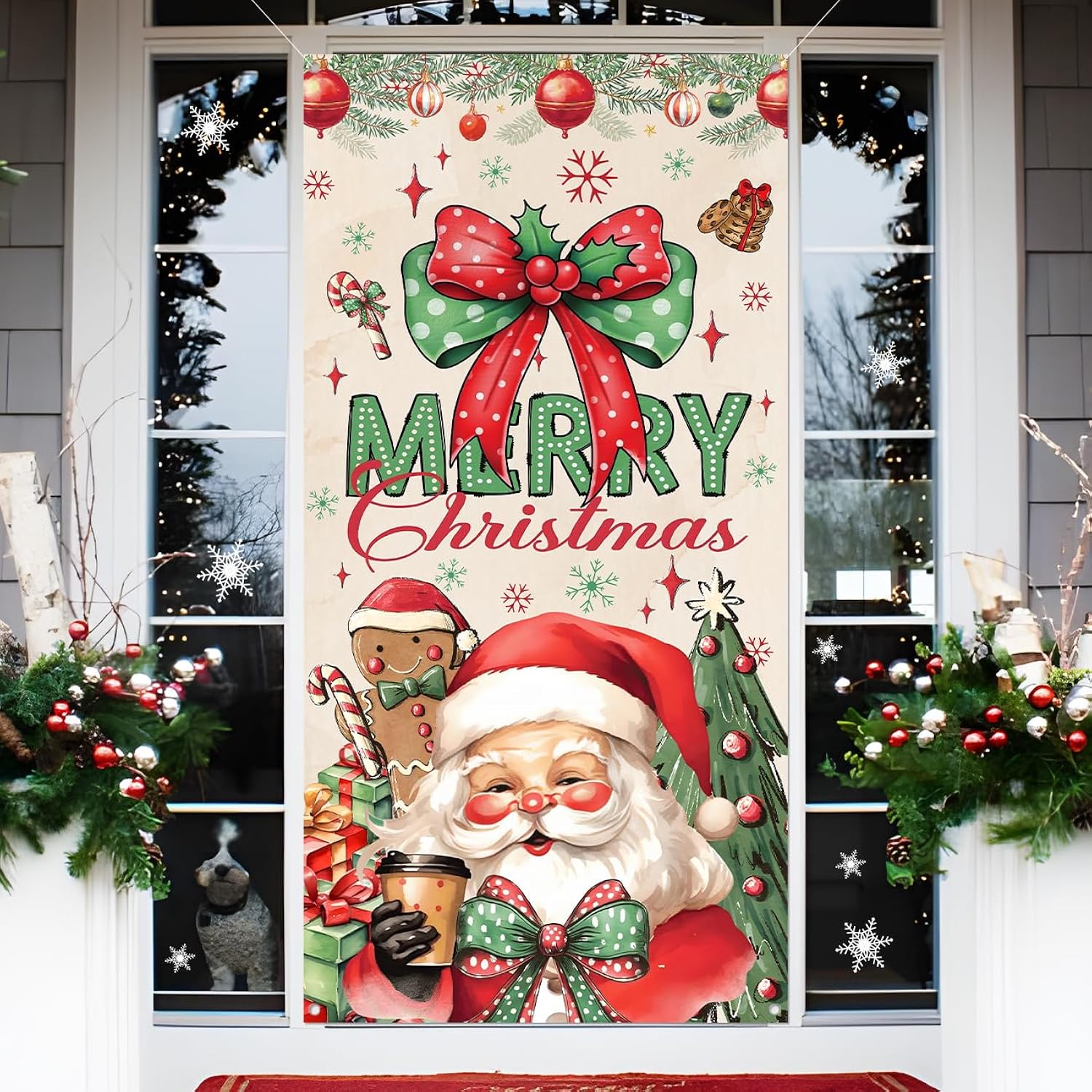 Christmas Door Cover,Santa Claus And Bow Door Cover Red Gingerbread Man Christmas Decorations,Merry Xmas Porch Banner Background,Hanging Banner For Xmas Holiday Eve New Years Party