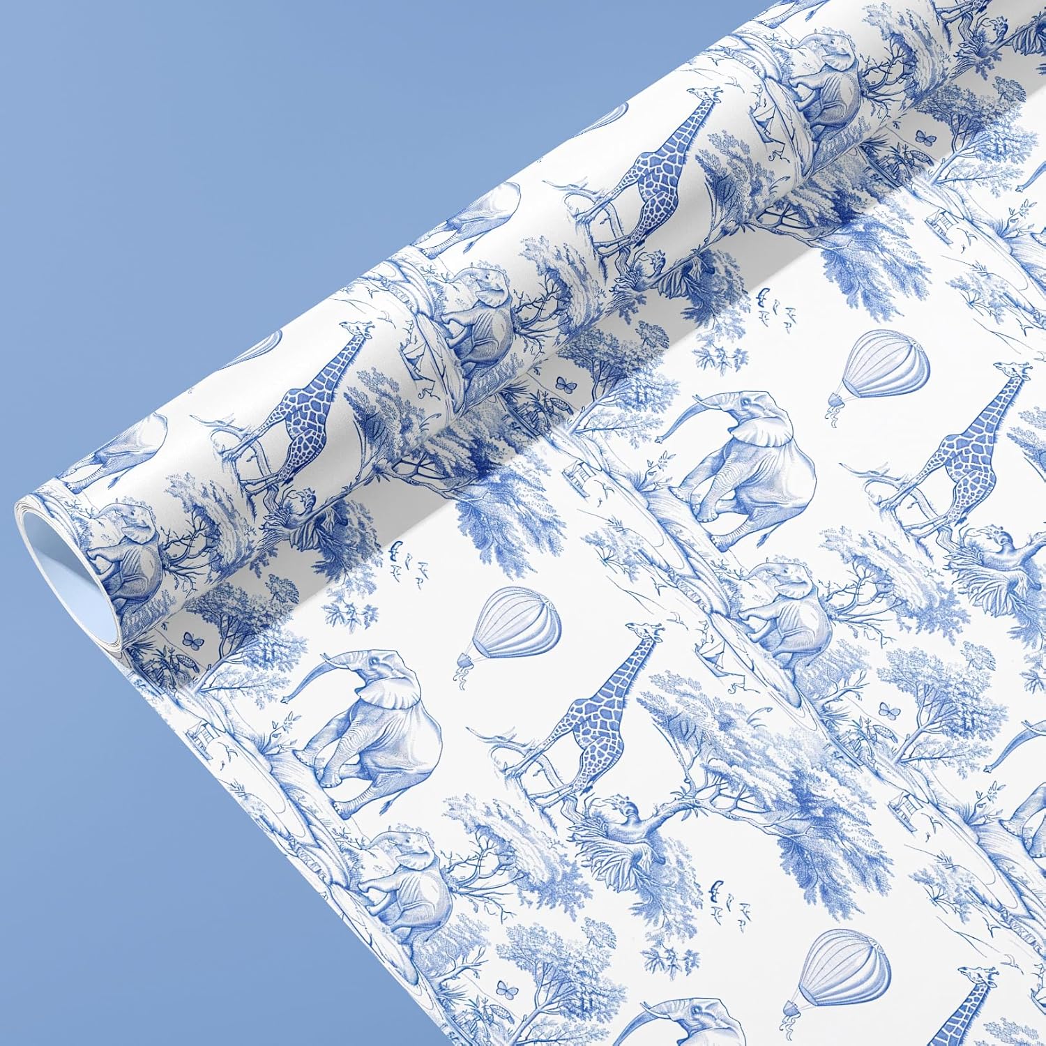 Baby Shower Wrapping Paper Roll For Boys Girls Kids Blue White Jungle Animals Design Gift Wrap Sheets For Holiday Birthday Baby Shower Party Packing Supplies - Total 28.5Sq.Ft