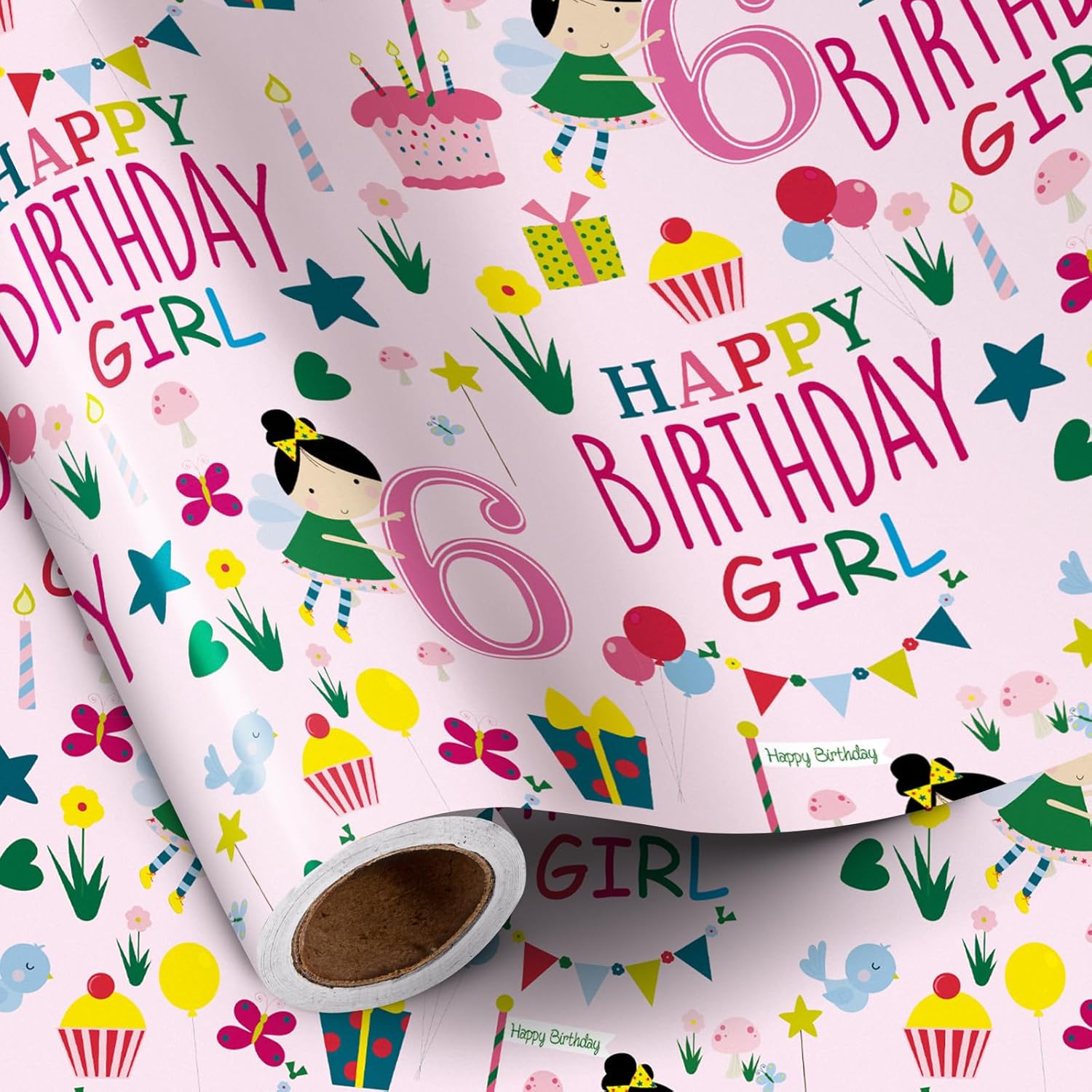 Happy 6Th Birthday Wrapping Paper Roll For Girls, Mini Roll, Pink Happy Birthday Girl Pattern Design For Party And More, 17 Inches X 16.4 Feet, 6 Years Old