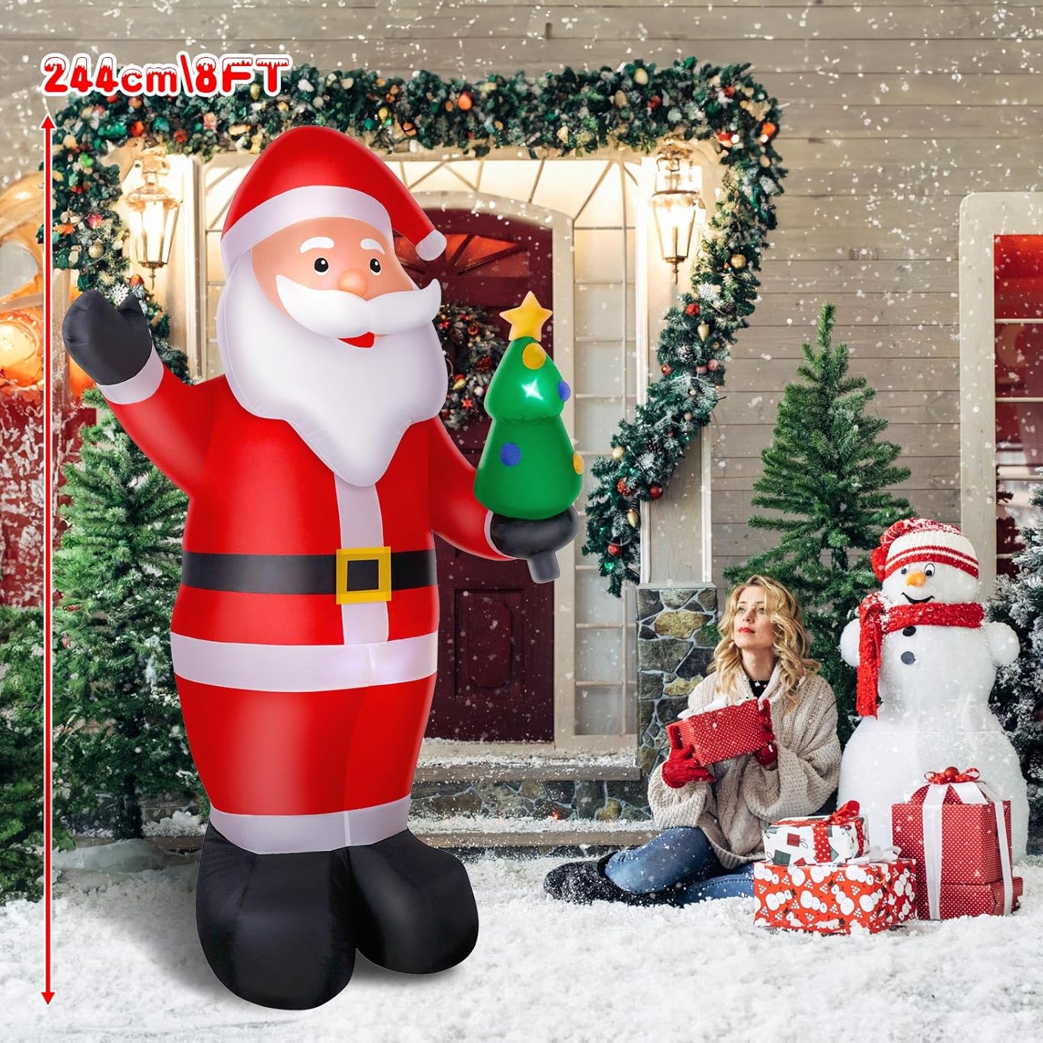 8Ft Christmas Inflatable Santa Outdoor Decoration, Blow Up Santa Claus Holding Xmas Tree Yard Decoration Built-In Led Li