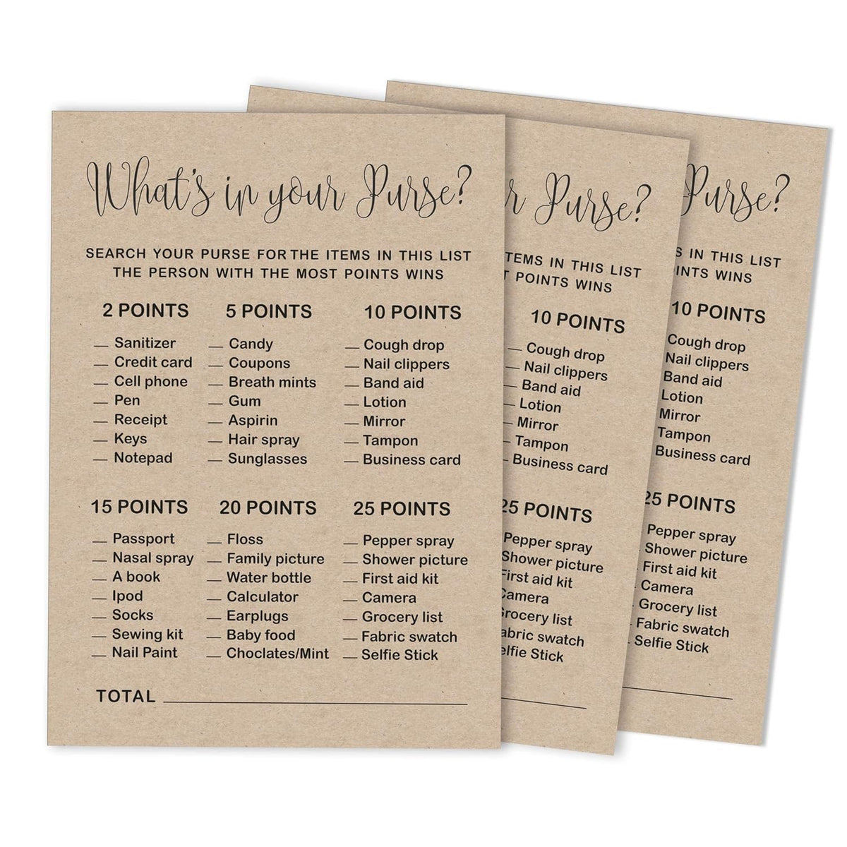 50-Pack Kraft Rustic Whats In Your Purse Bridal Shower Game Wedding Shower Bachelorette Party Bulk Activity Game Cards