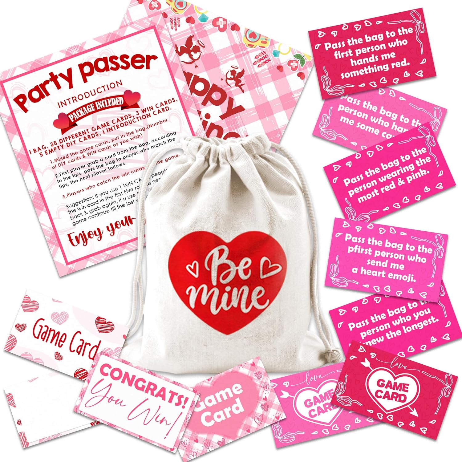 Valentine'S Day Pass The Bag Game -44 Fun Game Cards & 1 Heart - Print Canvas Bag - Valentine'S Party Games For Teens & Adults - Date Night Icebreaker, Home & Office Party Activity & Supplies - A01