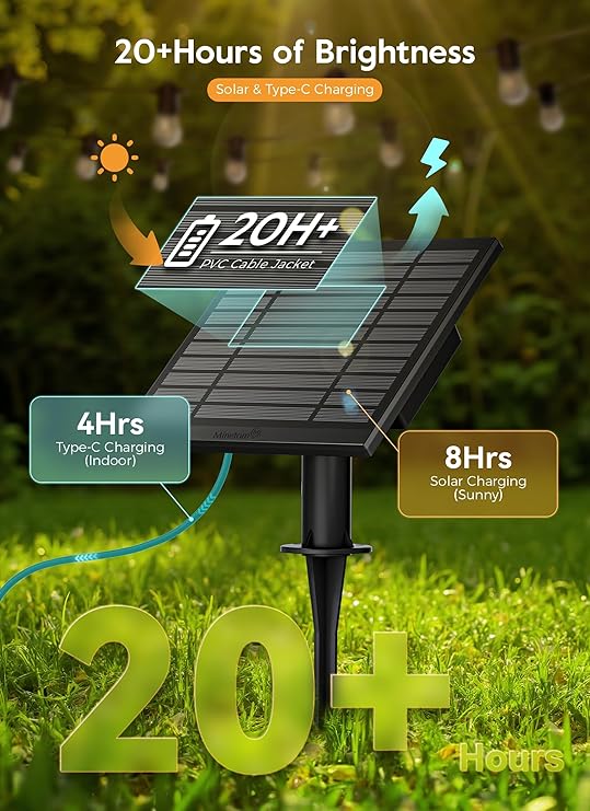 100FT Solar S14 String Lights Waterproof Remote Type C Dimmable Patio Lights