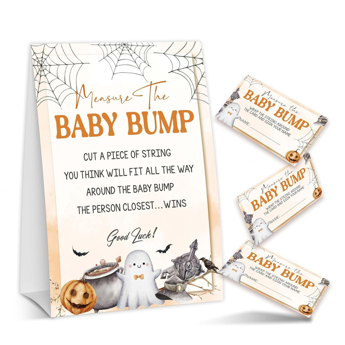 Halloween Baby Shower Games, Ghost Measure The Baby Bump For Pumpkin Gender Reveal Party Supplies Decorations, 1 Standing Sign + 50 Tickets - A03