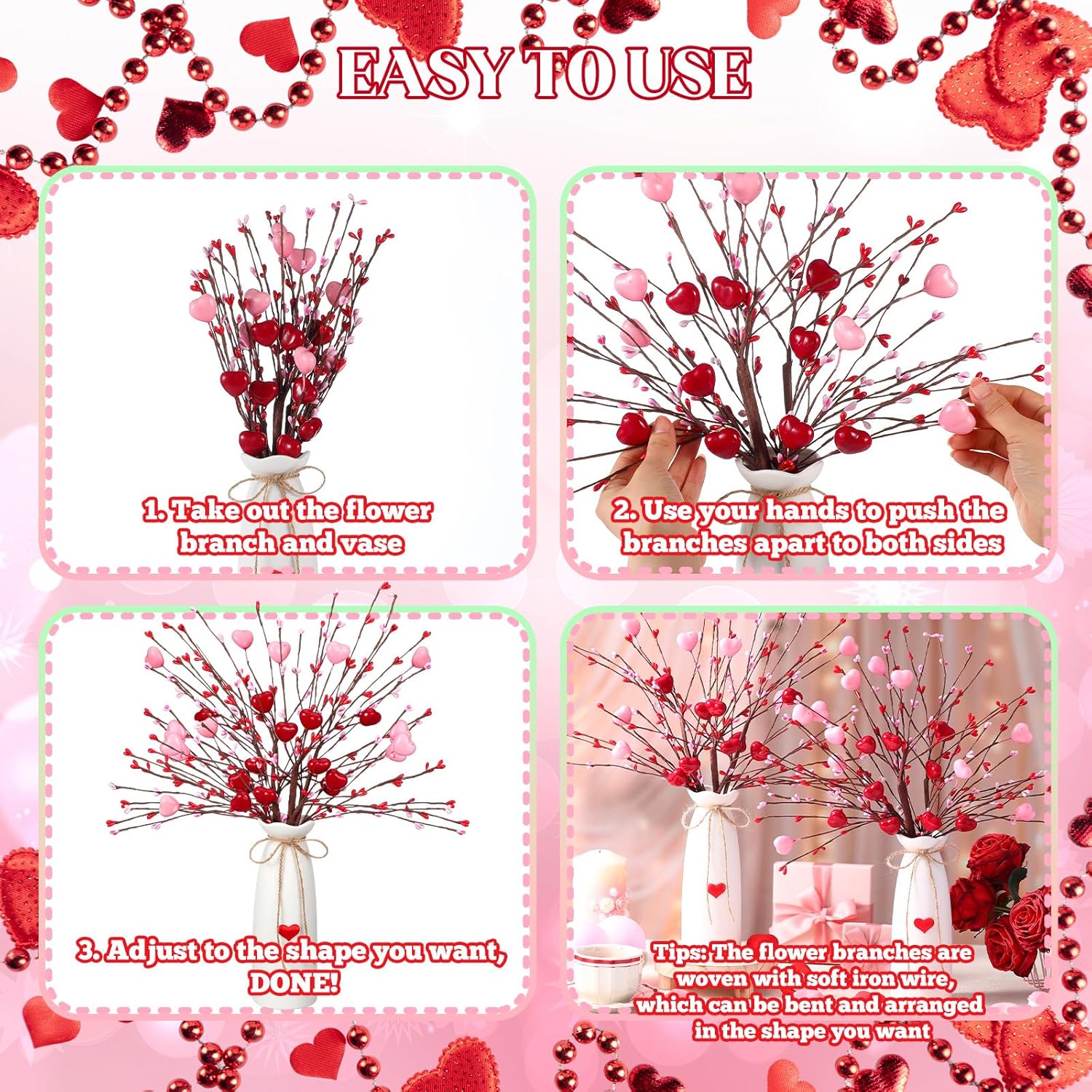 2 Set Valentine'S Day Decorations Valentine'S Day Flowers Berry Picks Stems And Vase Floral Berry Picks Branches Artificial Flower Red Pink Heart Stems Vase Gifts For Irish Table Centerpiece