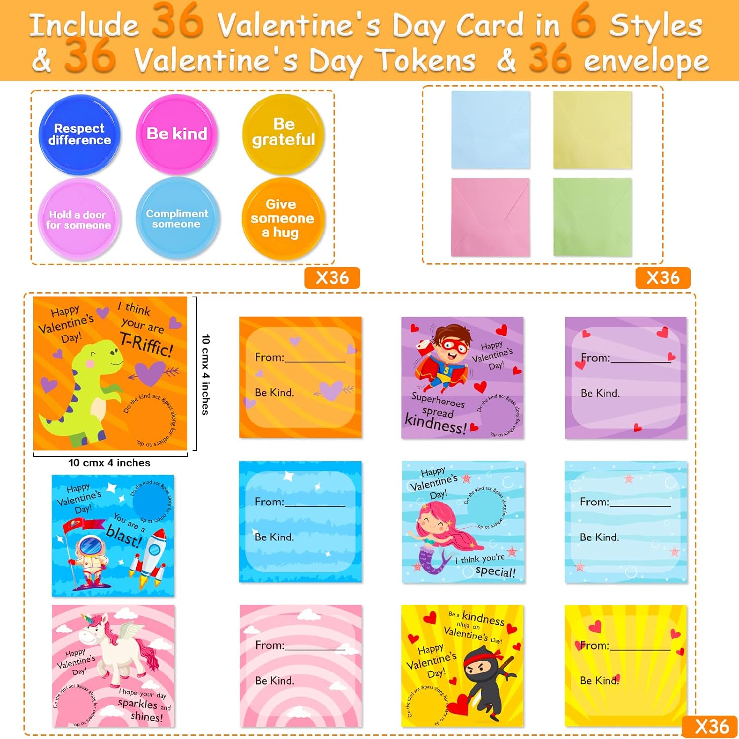 36 Pack Valentine'S Day Gift Cards For Kids Valentine Kindness Cards With Envelopes And Tokens For Valentine Party Favors, School Classroom Prizes, Exchanging Gifts