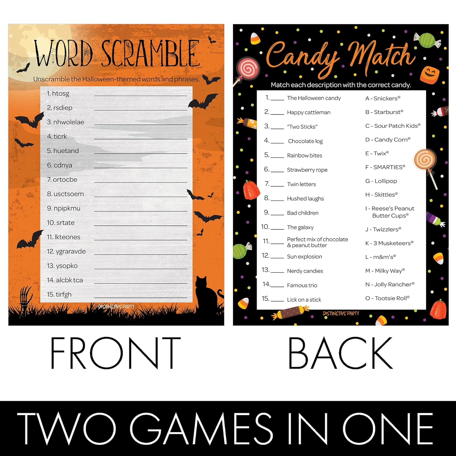 Halloween Party Games – Word Scramble And Candy Match 2 Game Bundle, 25 Dual-Sided Cards For Kids, Adults, Classrooms, And Fall Events